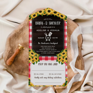 Rustic Red Gingham Sunflowers Baby-Q Shower All In All In One Invitation