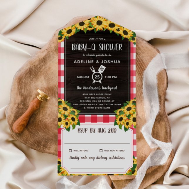 Rustic Red Gingham Sunflowers Baby-Q Shower All In All In One Invitation (Creator Uploaded)