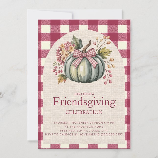 Rustic Red Gingham Teal Pumpkin Friendsgiving (Front)