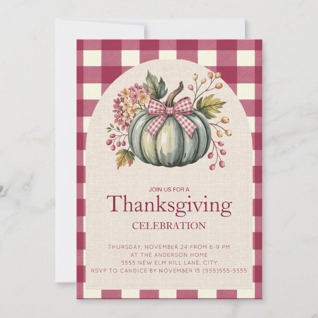 Rustic Red Gingham Teal Pumpkin Thanksgiving (Front)