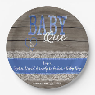 Rustic Red Gingham Wood Boy Baby Shower BBQ Paper Plate
