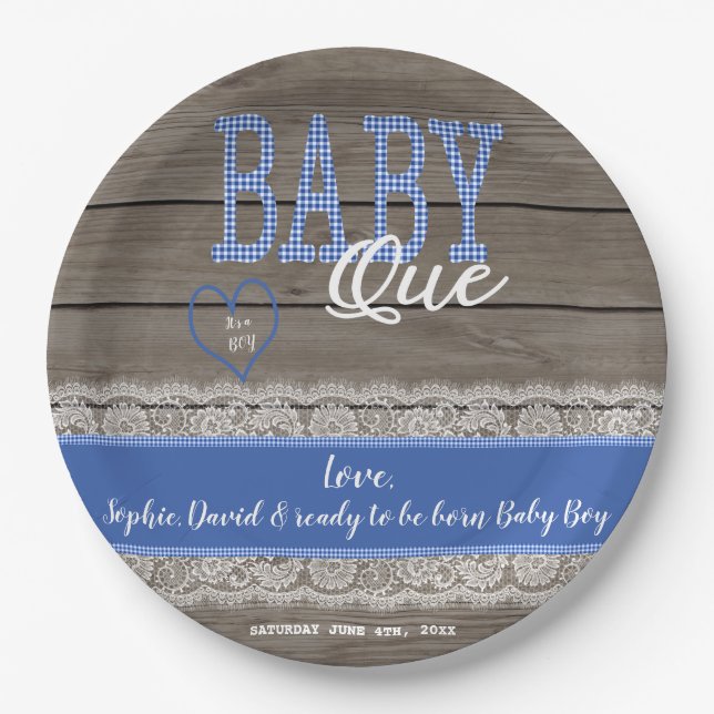 Rustic Red Gingham Wood Boy Baby Shower BBQ Paper Plate (Front)