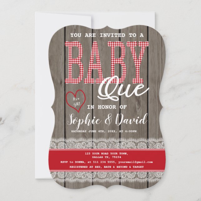 Rustic Red Gingham Wood Girl Baby Shower BBQ Invitation (Front)