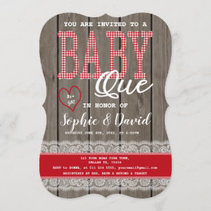 Rustic Red Gingham Wood Girl Baby Shower BBQ Invitation
