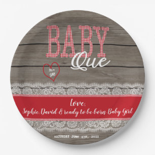 Rustic Red Gingham Wood Girl Baby Shower BBQ Paper Plate