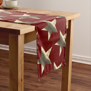 Rustic Red Gold Brown Stars Pattern Christmas Long Table Runner