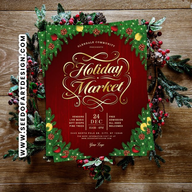 Rustic Red & Gold Christmas Holiday Market Event Flyer (Creator Uploaded)