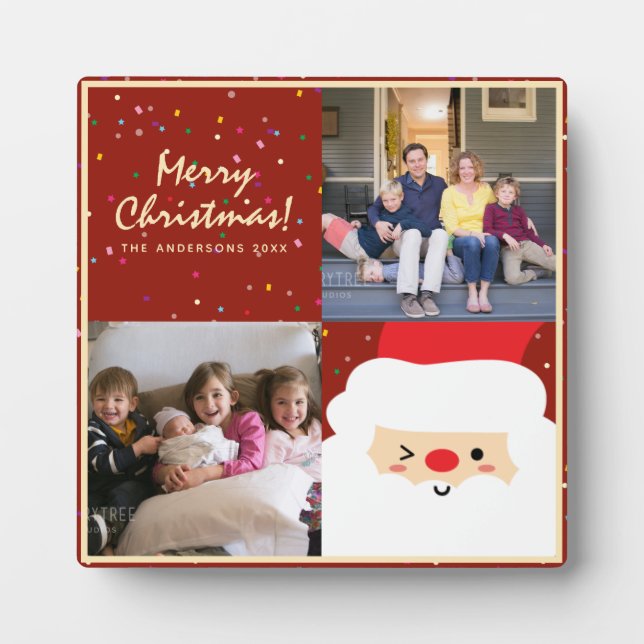 Rustic Red & Gold Christmas Santa and Family Photo Plaque (Front)