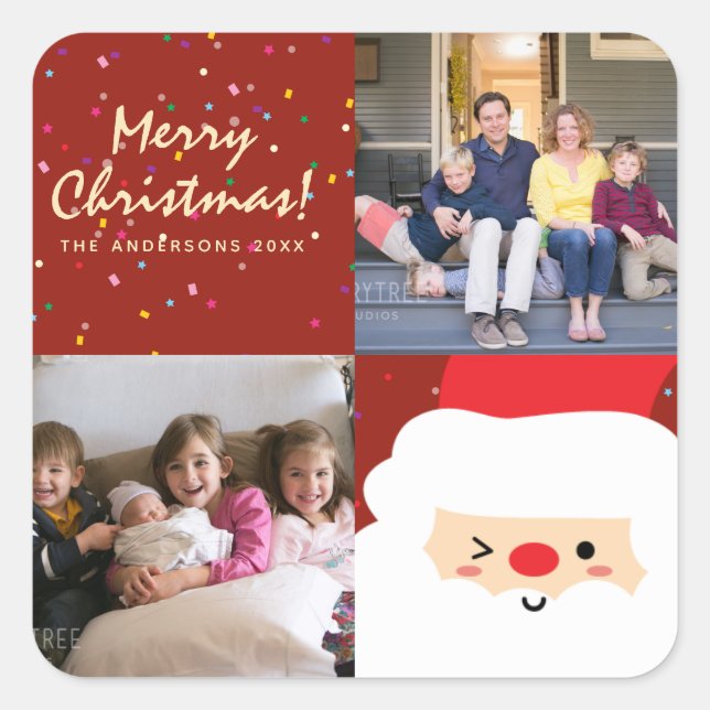Rustic Red & Gold Christmas Santa and Family Photo Square Sticker (Front)
