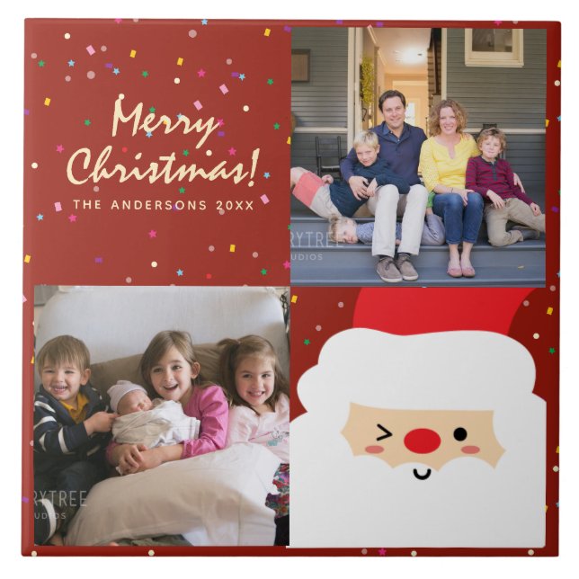 Rustic Red & Gold Christmas Santa and Family Photo Tile (Front)
