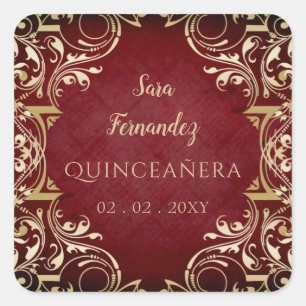 Rustic Red Gold Elegant Quinceanera Square Sticker