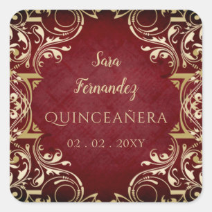 Rustic Red Gold Elegant Quinceanera Square Sticker