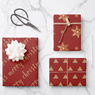 Rustic Red Gold Merry Christmas Snowflake Wrapping Wrapping Paper Sheet