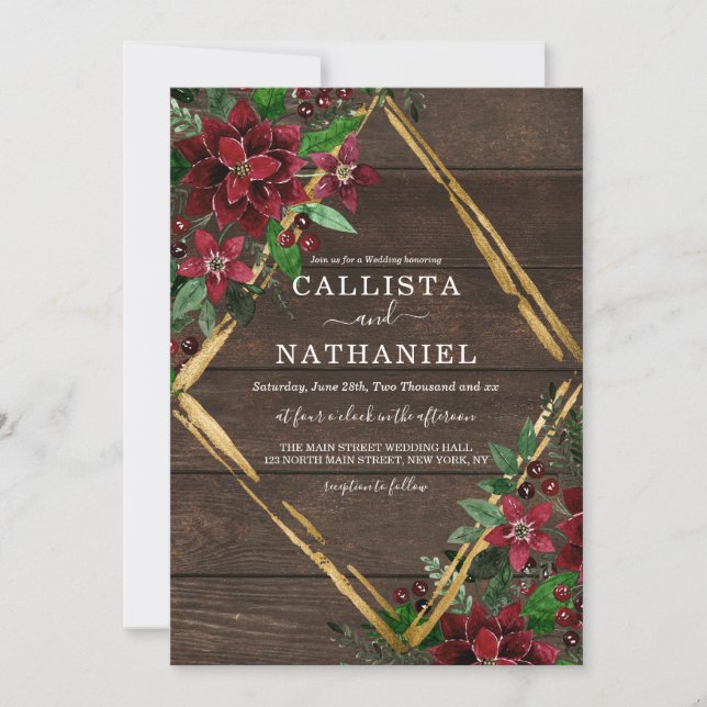 Rustic Red Gold Poinsettia Floral Wood Wedding Invitation (Front)