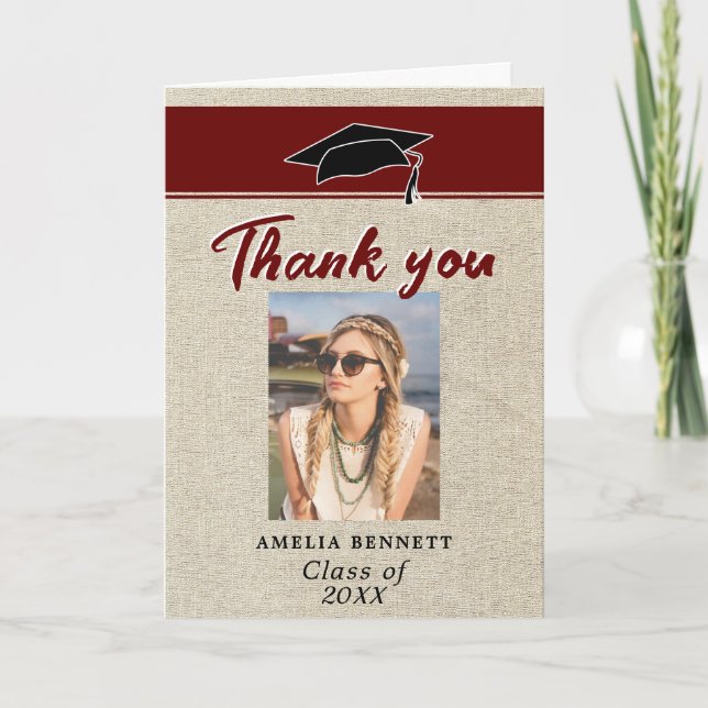 Rustic Red Graduate Cap Graduation Photo Thank you Card (Front)