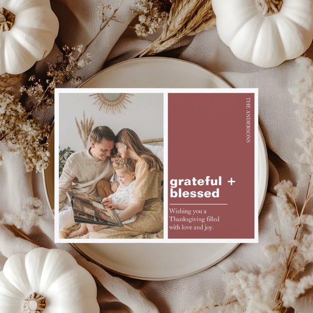 Rustic Red Grateful + Blessed Thanksgiving Photo  Postcard (Creator Uploaded)