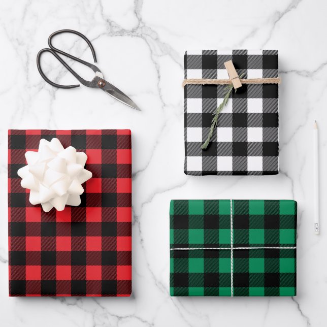 Rustic Red Green and Black Buffalo Plaid Christmas Wrapping Paper Sheet (Front)