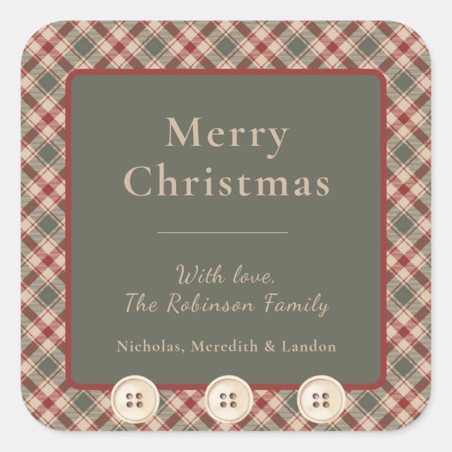 Rustic Red, Green and Tan Plaid Christmas Sticker (Front)