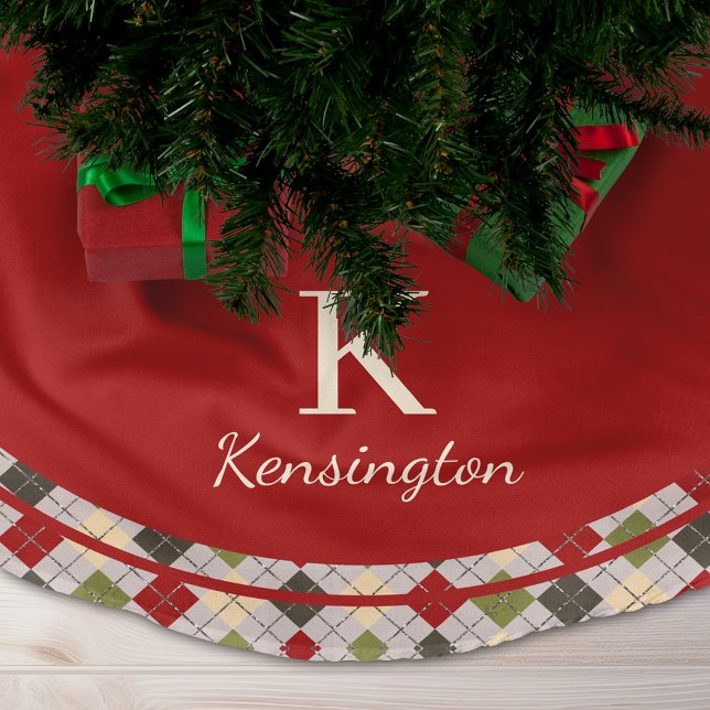 Rustic Red Green Argyle Christmas Monogram Brushed Polyester Tree Skirt (Rustic Red Green Argyle Christmas Monogram Brushed Polyester Tree Skirt)