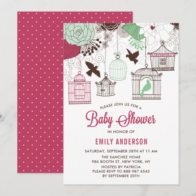 Rustic Red & Green Bird Cages Floral Baby Shower Invitation (Front/Back)