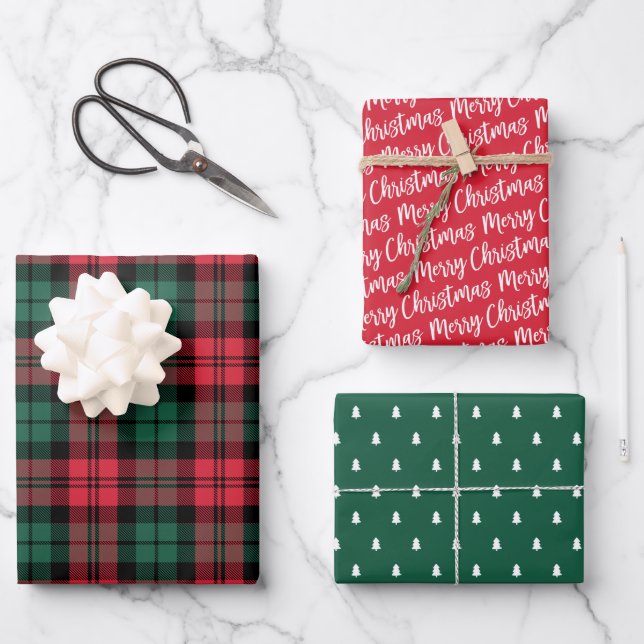Rustic Red Green Black Watch Plaid Merry Christmas Wrapping Paper Sheet (Front)