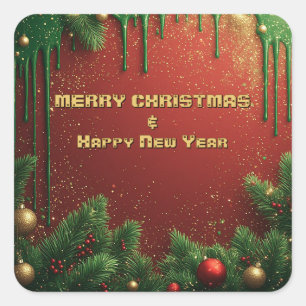 Rustic Red Green Christmas Border Square Sticker