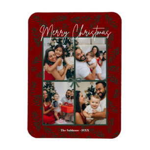 Rustic Red Green Christmas Photo Collage Card  Magnet