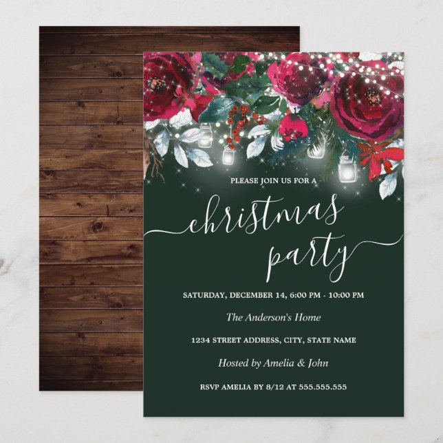Rustic Red Green Floral Sparkle Christmas Party Invitation (Front/Back)