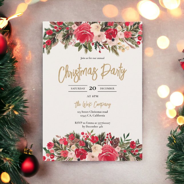 Rustic Red green Floral Winter Corporate Christmas Invitation (Rustic Red green Floral Winter Corporate Christmas Invitation)