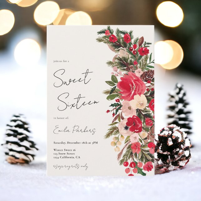 Rustic Red green Floral Winter Sweet 16 Invitation (Rustic Red green Floral Winter Sweet 16 Invitation)