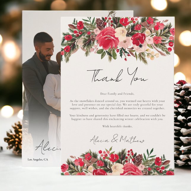 Rustic Red green Floral Winter Wedding Thank You Card (Rustic Red green Floral Winter Wedding Thank You Card)