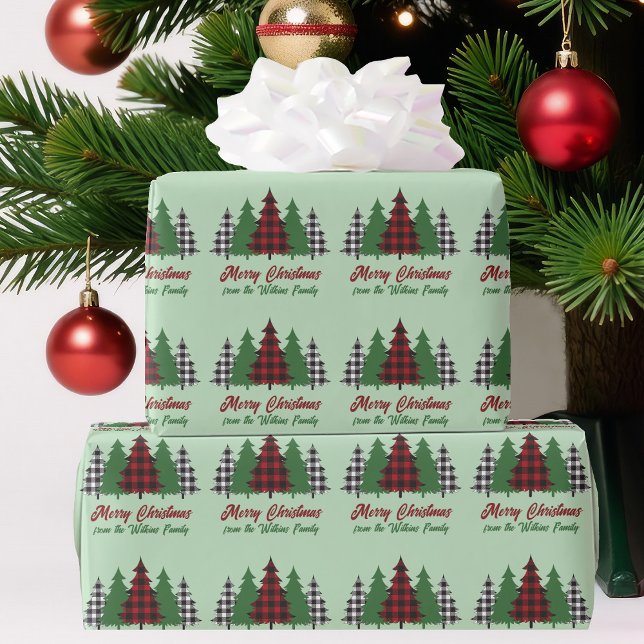 Rustic Red Green Plaid Christmas Trees Customised Wrapping Paper (Creator Uploaded)