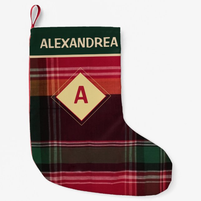 Rustic Red Green Plaid Diamond Monogram Custom Small Christmas Stocking (Front)