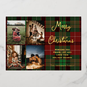 Rustic Red & Green Plaid Family 4 Photo Christmas Foil Holiday Card