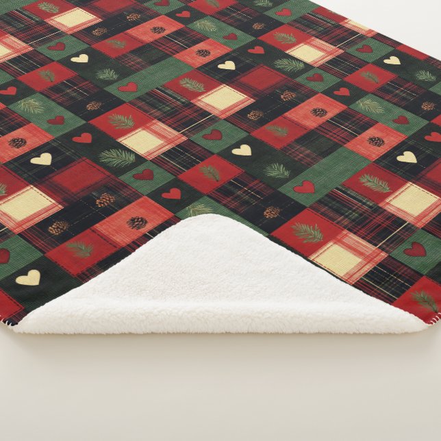 Rustic Red Green Plaid Hearts Christmas Holiday Sherpa Blanket (3/4)