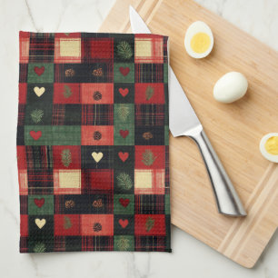 Rustic Red Green Plaid Hearts Christmas Holiday Tea Towel