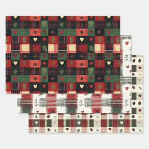 Rustic Red Green Plaid Hearts Christmas Holiday Wrapping Paper Sheet