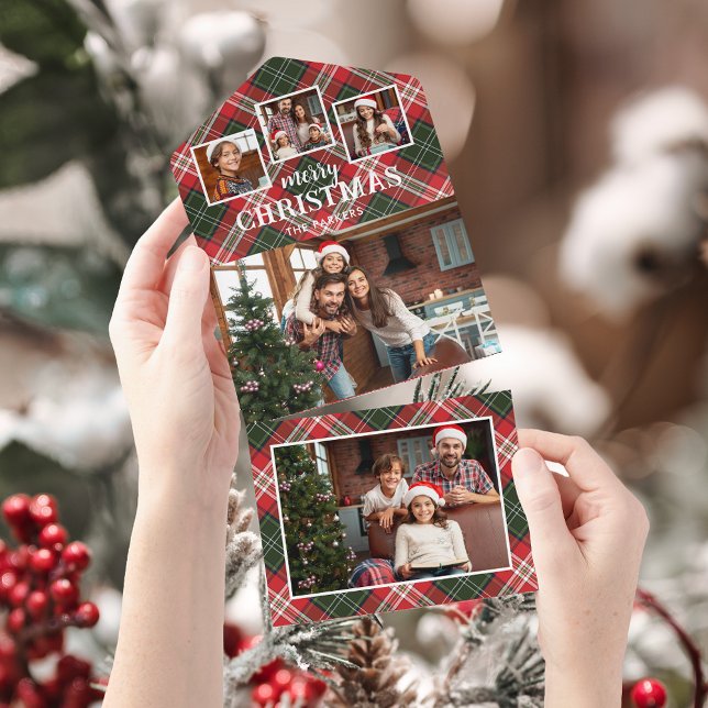 Rustic Red/Green Plaid Merry Christmas 4-Photo All In One Invitation (Creator Uploaded)