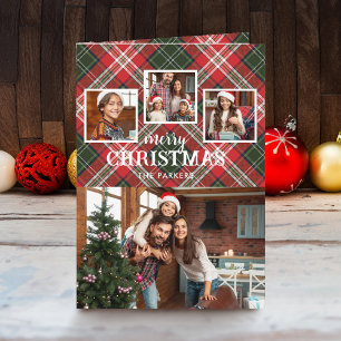 Rustic Red/Green Plaid Merry Christmas 4-Photo Holiday Card