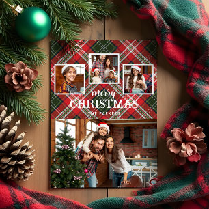 Rustic Red/Green Plaid Merry Christmas 4-Photo Holiday Card