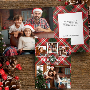 Rustic Red/Green Plaid Merry Christmas 4-Photo Tri-Fold Card