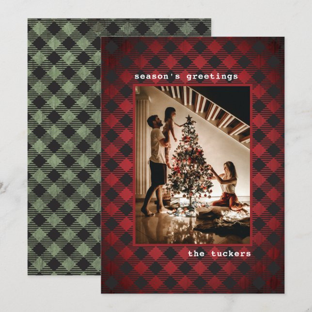 Rustic Red Green Plaid Photo Season's Greetings Holiday Card (Front/Back)