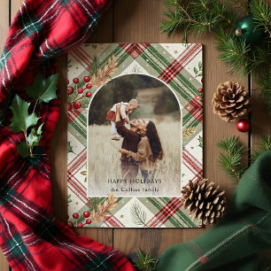 Rustic Red Green Plaid w/Holly Arch 1 Photo Holiday Card
