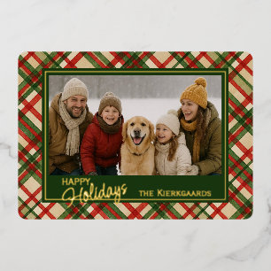 Rustic Red Green Plaid Watercolor Pattern And Gold Foil Holiday Card
