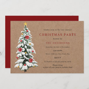 Rustic Red Green Traditional Tree Christmas Party Invitation