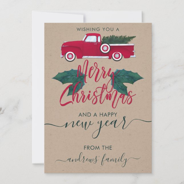 Rustic Red Green Truck Leaves Christmas Party Holiday Card (Front)