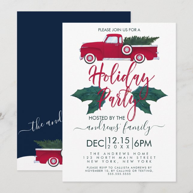 Rustic Red Green Truck Leaves Holiday Party Invitation (Front/Back)
