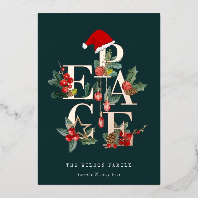Rustic Red Green White Peace Christmas Foliage Foil Holiday Card (Front)