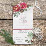 Rustic Red & Green Winter Pine Floral Dinner All In One Invitation<br><div class="desc">ALSO AVAILABLE WITH A QR CODE TO SCAN. Deep, soft marsala reds and greens with watercolor pine and berries make this winter floral bouquet stand out. Sprinkled with faux gold splatter, this invitation is a perfect choice for holiday weddings. The back and front are a soft green watercolor wash with...</div>