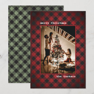 Rustic Red Green Wood & Plaid Photo Christmas Holiday Card